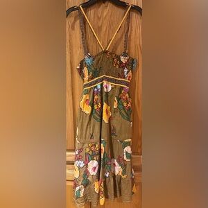 Free‎ People Brown Floral Print Spaghetti Straps. Ruffle Mini Dress Size Small